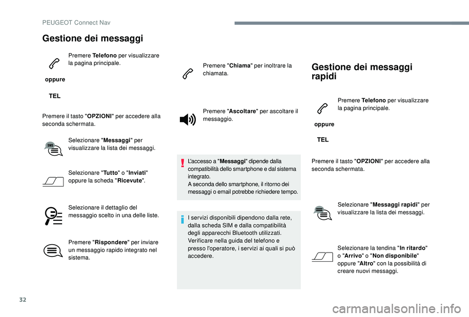 PEUGEOT 5008 2017 Manuale duso (in Italian) 32
Gestione dei messaggi
oppure Premere
Telefono per visualizzare
la pagina principale.
Premere il tasto " OPZIONI" per accedere alla
seconda schermata.
Selezionare " Messaggi" pe PEUGEOT 5008 2017 Manuale duso (in Italian) 32
Gestione dei messaggi
oppure Premere
Telefono per visualizzare
la pagina principale.
Premere il tasto " OPZIONI" per accedere alla
seconda schermata.
Selezionare " Messaggi" pe