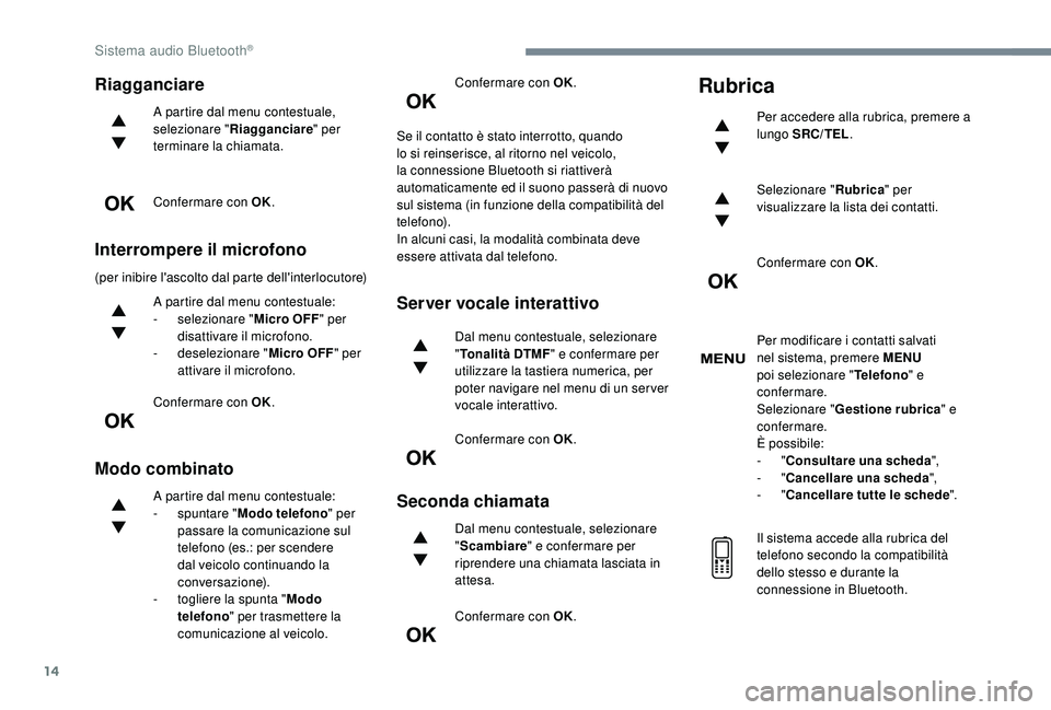 PEUGEOT 5008 2017 Manuale duso (in Italian) 14
Riagganciare
A partire dal menu contestuale,
selezionare "Riagganciare " per
terminare la chiamata.
Confermare con OK.
Interrompere il microfono
(per inibire l'ascolto dal parte dell& PEUGEOT 5008 2017 Manuale duso (in Italian) 14
Riagganciare
A partire dal menu contestuale,
selezionare "Riagganciare " per
terminare la chiamata.
Confermare con OK.
Interrompere il microfono
(per inibire l'ascolto dal parte dell&