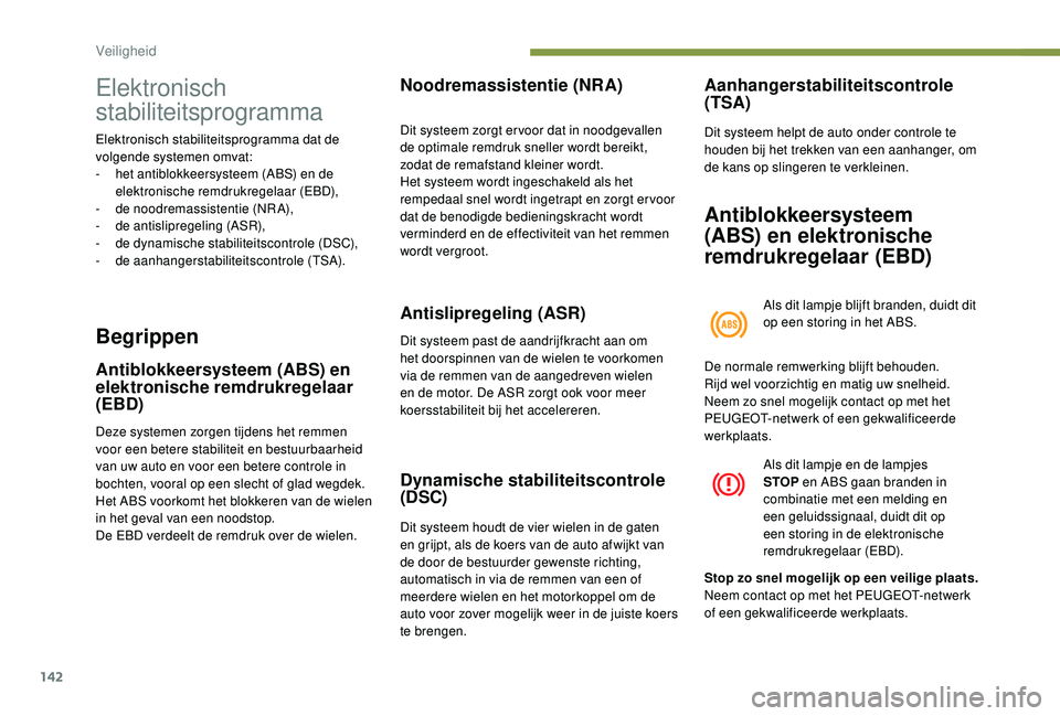 PEUGEOT 5008 2017 Instructieboekje (in Dutch) 142
Elektronisch
stabiliteitsprogramma
Elektronisch stabiliteitsprogramma dat de
volgende systemen omvat:
-
h
et antiblokkeersysteem (ABS) en de
elektronische remdrukregelaar (EBD),
-
d
e nood PEUGEOT 5008 2017 Instructieboekje (in Dutch) 142
Elektronisch
stabiliteitsprogramma
Elektronisch stabiliteitsprogramma dat de
volgende systemen omvat:
-
h
et antiblokkeersysteem (ABS) en de
elektronische remdrukregelaar (EBD),
-
d
e nood