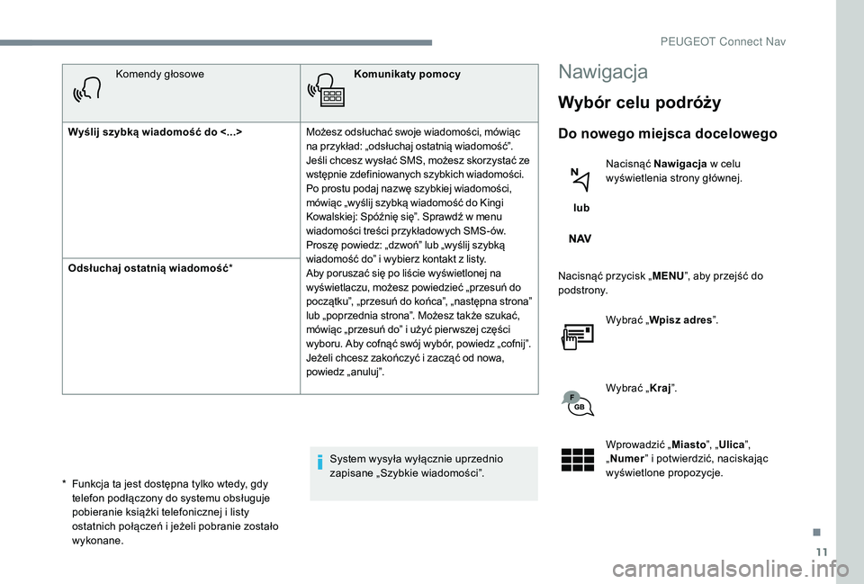 PEUGEOT 5008 2017 Instrukcja obsługi (in Polish) 11
Komendy głosoweKomunikaty pomocy
Wyślij szybką wiadomość do <...> Możesz odsłuchać swoje wiadomości, mówiąc
na przykład: „odsłuchaj ostatnią wiadomość”.
Jeśli chcesz wysła PEUGEOT 5008 2017 Instrukcja obsługi (in Polish) 11
Komendy głosoweKomunikaty pomocy
Wyślij szybką wiadomość do <...> Możesz odsłuchać swoje wiadomości, mówiąc
na przykład: „odsłuchaj ostatnią wiadomość”.
Jeśli chcesz wysła
