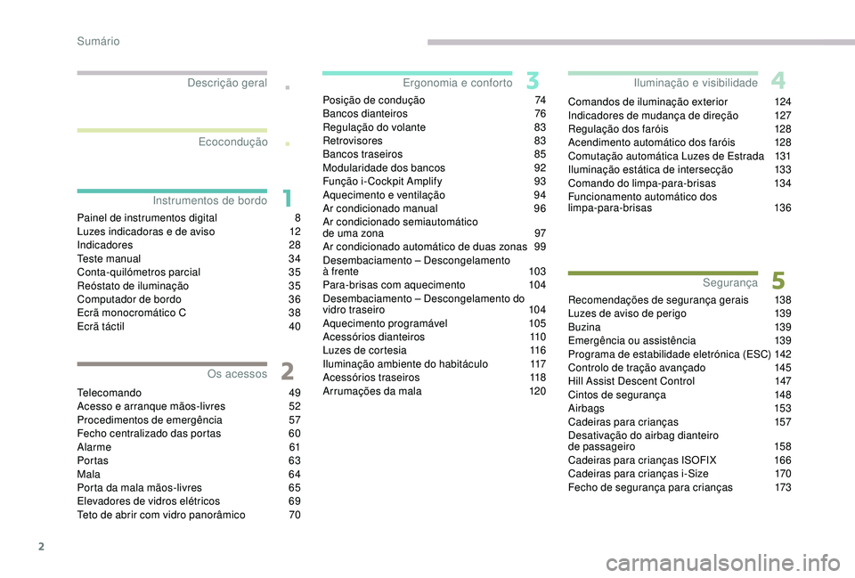 PEUGEOT 5008 2017 Manual de utilização (in Portuguese) 2
.
.
Painel de instrumentos digital 8
L uzes indicadoras e de aviso 1 2
Indicadores
2
8
Teste manual
3
4
Conta-quilómetros parcial
3
5
Reóstato de iluminação
3
5
Computador de bordo
3 PEUGEOT 5008 2017 Manual de utilização (in Portuguese) 2
.
.
Painel de instrumentos digital 8
L uzes indicadoras e de aviso 1 2
Indicadores
2
8
Teste manual
3
4
Conta-quilómetros parcial
3
5
Reóstato de iluminação
3
5
Computador de bordo
3