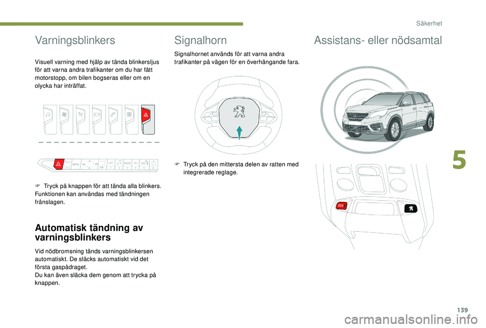 PEUGEOT 5008 2017  Bruksanvisningar (in Swedish) 139
Varningsblinkers
Automatisk tändning av 
varningsblinkers
Vid nödbromsning tänds varningsblinkersen 
automatiskt. De släcks automatiskt vid det 
första gaspådraget.
Du kan även släcka dem 