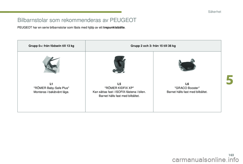 PEUGEOT 5008 2017  Bruksanvisningar (in Swedish) 163
Bilbarnstolar som rekommenderas av PEUGEOT
PEUGEOT har en serie bilbarnstolar som fästs med hjälp av ett trepunktsbälte.
Grupp 0+: från födseln till 13 kg Grupp 2 och 3: från 15 till 36 kg
L