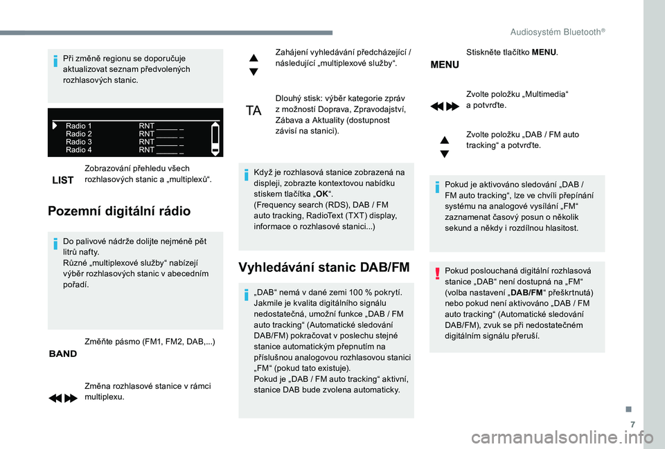 PEUGEOT 5008 2017 Návod na použití (in Czech) 7
Zobrazování přehledu všech
rozhlasových stanic a „multiplexů“.
Pozemní digitální rádio
Do palivové nádrže dolijte nejméně pět
litrů nafty.
Různé „multiplexové služby“ PEUGEOT 5008 2017 Návod na použití (in Czech) 7
Zobrazování přehledu všech
rozhlasových stanic a „multiplexů“.
Pozemní digitální rádio
Do palivové nádrže dolijte nejméně pět
litrů nafty.
Různé „multiplexové služby“