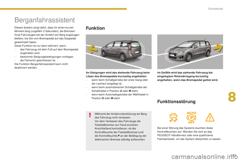 PEUGEOT 5008 2016 Betriebsanleitungen (in German) 155
5008_de_Chap08_conduite_ed01-2015
Berganfahrassistent
Funktion
An Steigungen wird das stehende Fahrzeug beim
Lösen des Bremspedals kurzzeitig angehalten:
-
w
enn beim Schaltgetriebe der erste PEUGEOT 5008 2016 Betriebsanleitungen (in German) 155
5008_de_Chap08_conduite_ed01-2015
Berganfahrassistent
Funktion
An Steigungen wird das stehende Fahrzeug beim
Lösen des Bremspedals kurzzeitig angehalten:
-
w
enn beim Schaltgetriebe der erste