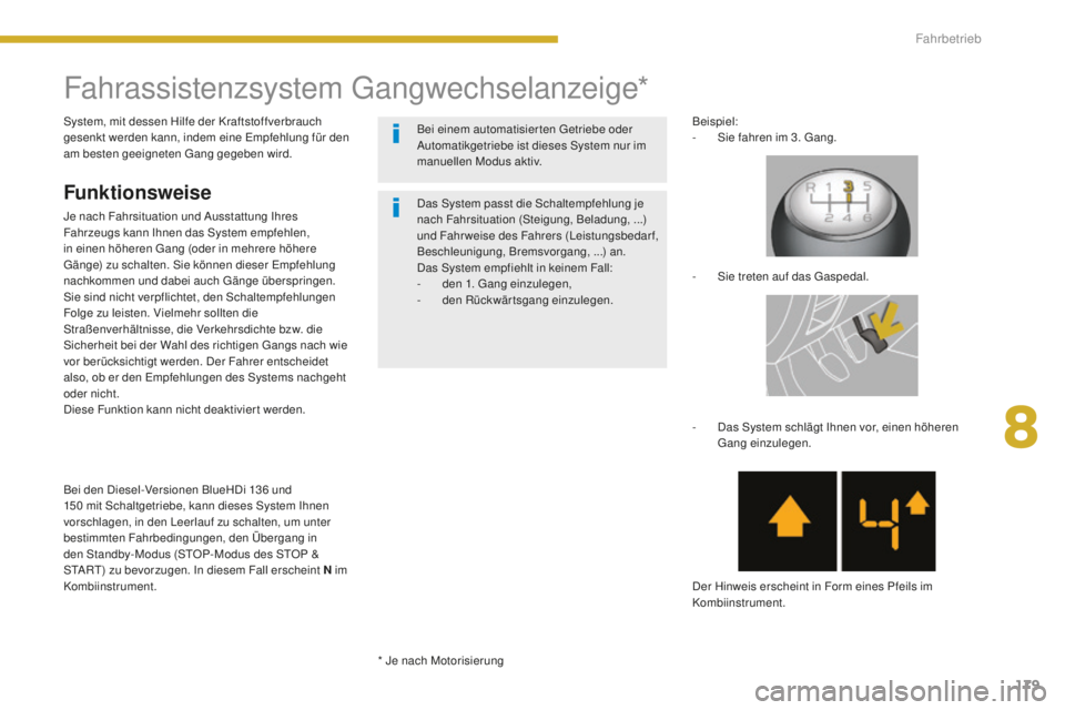 PEUGEOT 5008 2016 Betriebsanleitungen (in German) 179
5008_de_Chap08_conduite_ed01-2015
Fahrassistenzsystem gangwechselanzeige*
Funktionsweise
Je nach Fahrsituation und Ausstattung Ihres
Fahrzeugs kann Ihnen das System empfehlen,
in einen höheren PEUGEOT 5008 2016 Betriebsanleitungen (in German) 179
5008_de_Chap08_conduite_ed01-2015
Fahrassistenzsystem gangwechselanzeige*
Funktionsweise
Je nach Fahrsituation und Ausstattung Ihres
Fahrzeugs kann Ihnen das System empfehlen,
in einen höheren