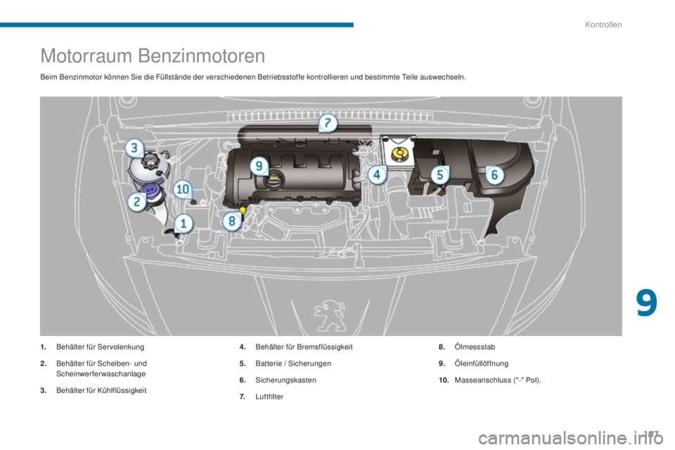 PEUGEOT 5008 2016  Betriebsanleitungen (in German) 197
5008_de_Chap09_verifications_ed01-2015
Motorraum Benzinmotoren
Beim Benzinmotor können Sie die Füllstände der verschiedenen Betriebsstoffe kontrollieren und bestimmte teile auswechseln.
1.
 B
 