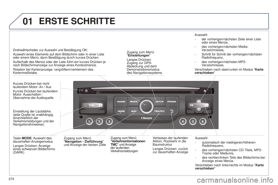 PEUGEOT 5008 2016  Betriebsanleitungen (in German) 01
274
5008_de_Chap12b_Rt6-2-8_ed01-2015
Auswahl:
-
 automatisch der niedrigeren/höheren 
Radiofrequenz,
-
 
des vorherigen/nächsten CD-
 t
itels, MP3-tracks oder Mediums,
-

 
des rechten/linken te