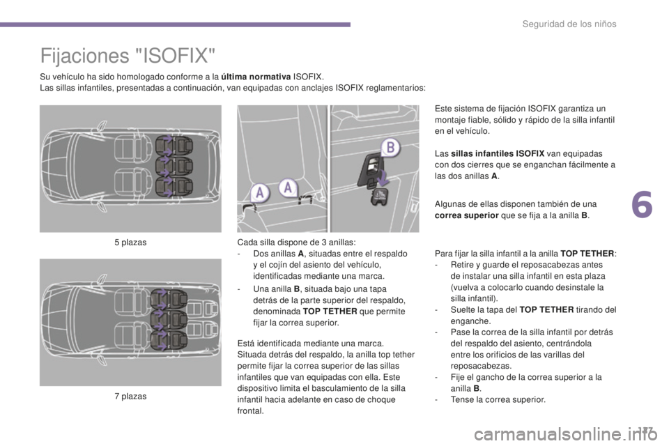 PEUGEOT 5008 2016 Manual del propietario (in Spanish) 127
5008_es_Chap06_securite-enfants_ed01-2015
Fijaciones "ISOFIX"
Cada silla dispone de 3 anillas:
- D os anillas A , situadas entre el respaldo
y el cojín del asiento del vehículo,
ident PEUGEOT 5008 2016 Manual del propietario (in Spanish) 127
5008_es_Chap06_securite-enfants_ed01-2015
Fijaciones "ISOFIX"
Cada silla dispone de 3 anillas:
- D os anillas A , situadas entre el respaldo
y el cojín del asiento del vehículo,
ident
