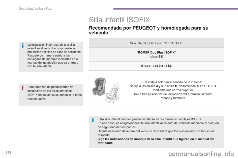 PEUGEOT 5008 2016 Manual del propietario (in Spanish) 128
5008_es_Chap06_securite-enfants_ed01-2015
Silla infantil ISOFIX
Esta silla infantil también puede instalarse en las plazas sin anclajes ISOFIX.
En ese caso, es obligatorio fijar la silla infantil PEUGEOT 5008 2016 Manual del propietario (in Spanish) 128
5008_es_Chap06_securite-enfants_ed01-2015
Silla infantil ISOFIX
Esta silla infantil también puede instalarse en las plazas sin anclajes ISOFIX.
En ese caso, es obligatorio fijar la silla infantil