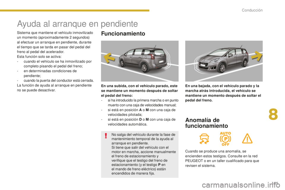 PEUGEOT 5008 2016 Manual del propietario (in Spanish) 155
5008_es_Chap08_conduite_ed01-2015
Ayuda al arranque en pendiente
Funcionamiento
En una subida, con el vehículo parado, este
se mantiene un momento después de soltar
el pedal del freno:
-
s
PEUGEOT 5008 2016 Manual del propietario (in Spanish) 155
5008_es_Chap08_conduite_ed01-2015
Ayuda al arranque en pendiente
Funcionamiento
En una subida, con el vehículo parado, este
se mantiene un momento después de soltar
el pedal del freno:
-
s