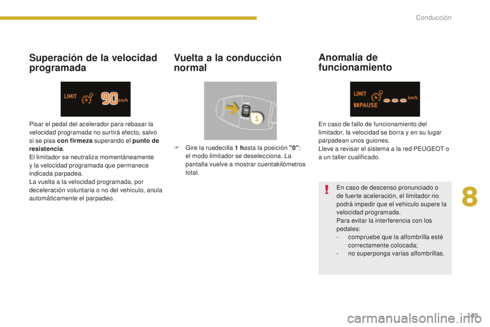 PEUGEOT 5008 2016 Manual del propietario (in Spanish) 165
5008_es_Chap08_conduite_ed01-2015
Superación de la velocidad
programadaVuelta a la conducción
normalAnomalía de
funcionamiento
En caso de descenso pronunciado o
de fuerte aceleración, el l PEUGEOT 5008 2016 Manual del propietario (in Spanish) 165
5008_es_Chap08_conduite_ed01-2015
Superación de la velocidad
programadaVuelta a la conducción
normalAnomalía de
funcionamiento
En caso de descenso pronunciado o
de fuerte aceleración, el l