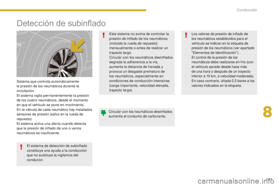 PEUGEOT 5008 2016 Manual del propietario (in Spanish) 183
5008_es_Chap08_conduite_ed01-2015
Detección de subinflado
Sistema que controla automáticamente
la presión de los neumáticos durante la
circulación.
El sistema vigila permanentemente la pres PEUGEOT 5008 2016 Manual del propietario (in Spanish) 183
5008_es_Chap08_conduite_ed01-2015
Detección de subinflado
Sistema que controla automáticamente
la presión de los neumáticos durante la
circulación.
El sistema vigila permanentemente la pres