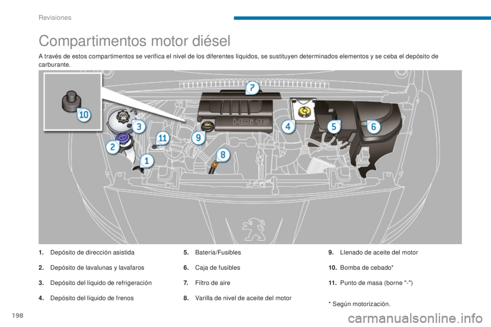 PEUGEOT 5008 2016  Manual del propietario (in Spanish) 198
5008_es_Chap09_verifications_ed01-2015
Compartimentos motor diésel
A través de estos compartimentos se verifica el nivel de los diferentes líquidos, se sustituyen determinados elementos y se ce