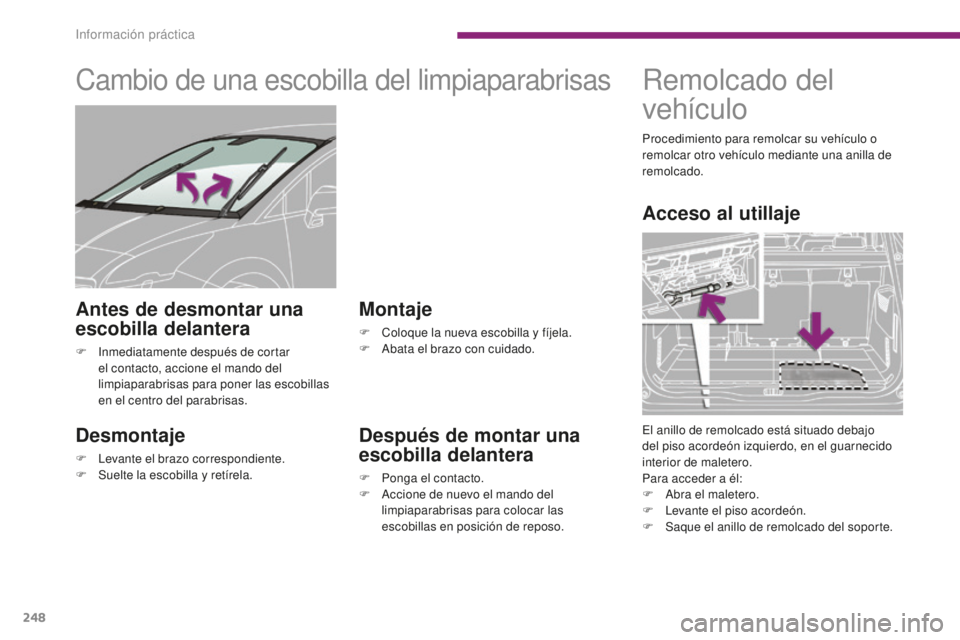 PEUGEOT 5008 2016  Manual del propietario (in Spanish) 248
5008_es_Chap10_infos-pratiques_ed01-2015
Cambio de una escobilla del limpiaparabrisas
Desmontaje
F Levante el brazo correspondiente.
F Sue lte la escobilla y retírela.
Montaje
F Coloque la nueva 