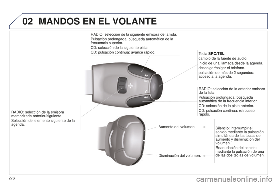 PEUGEOT 5008 2016  Manual del propietario (in Spanish) 02
276
5008_es_Chap12b_RT6-2-8_ed01-2015
RADIO: selección de la emisora 
memorizada anterior/siguiente.
Selección del elemento siguiente de la 
agenda.Tecla SRC/TEL:
cambio de la fuente de audio.
in