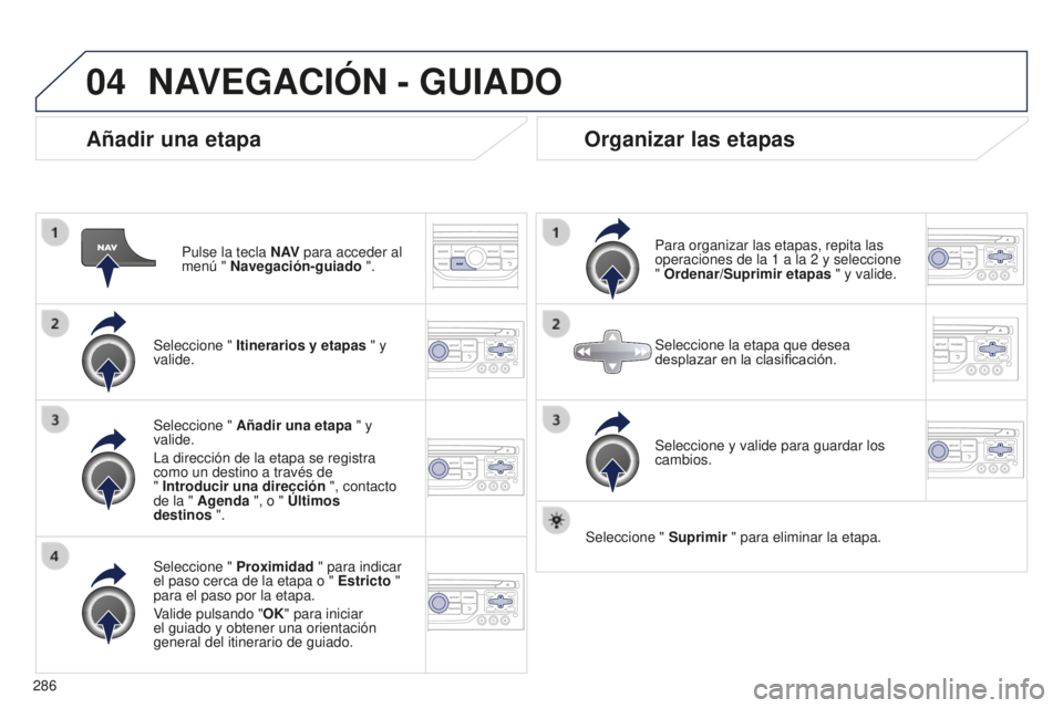PEUGEOT 5008 2016  Manual del propietario (in Spanish) 04
286
5008_es_Chap12b_RT6-2-8_ed01-2015
Añadir una etapa
Pulse la tecla N AV para acceder al 
menú " Navegación-guiado ".
Seleccione "  Itinerarios y etapas " y 
valide.
Seleccione