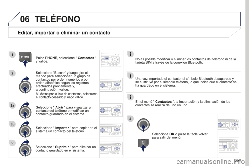 PEUGEOT 5008 2016 Manual del propietario (in Spanish) 06
299
5008_es_Chap12b_RT6-2-8_ed01-2015
Editar, importar o eliminar un contacto
Pulse PHONE, seleccione " Contactos "
y valide.
Seleccione "Buscar" y luego gire el
mando para selecc PEUGEOT 5008 2016 Manual del propietario (in Spanish) 06
299
5008_es_Chap12b_RT6-2-8_ed01-2015
Editar, importar o eliminar un contacto
Pulse PHONE, seleccione " Contactos "
y valide.
Seleccione "Buscar" y luego gire el
mando para selecc