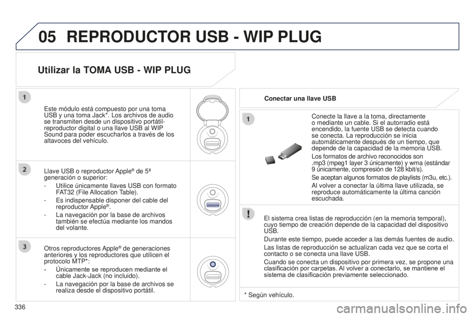 PEUGEOT 5008 2016 Manual del propietario (in Spanish) 05
336
5008_ES_CHAP12C_RD45_ED01_2015
REPRODUCTOR USB - WIP PLUG
El sistema crea listas de reproducción (en la memoria temporal),
cuyo tiempo de creación depende de la capacidad del dispositivo
US PEUGEOT 5008 2016 Manual del propietario (in Spanish) 05
336
5008_ES_CHAP12C_RD45_ED01_2015
REPRODUCTOR USB - WIP PLUG
El sistema crea listas de reproducción (en la memoria temporal),
cuyo tiempo de creación depende de la capacidad del dispositivo
US