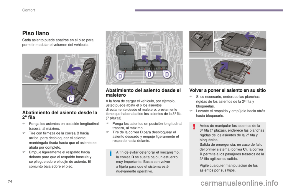 PEUGEOT 5008 2016 Manual del propietario (in Spanish) 74
5008_es_Chap03_confort_ed01-2015
Piso llano
Cada asiento puede abatirse en el piso para
permitir modular el volumen del vehículo.
Abatimiento del asiento desde la
2ª fila
F Ponga los asientos PEUGEOT 5008 2016 Manual del propietario (in Spanish) 74
5008_es_Chap03_confort_ed01-2015
Piso llano
Cada asiento puede abatirse en el piso para
permitir modular el volumen del vehículo.
Abatimiento del asiento desde la
2ª fila
F Ponga los asientos