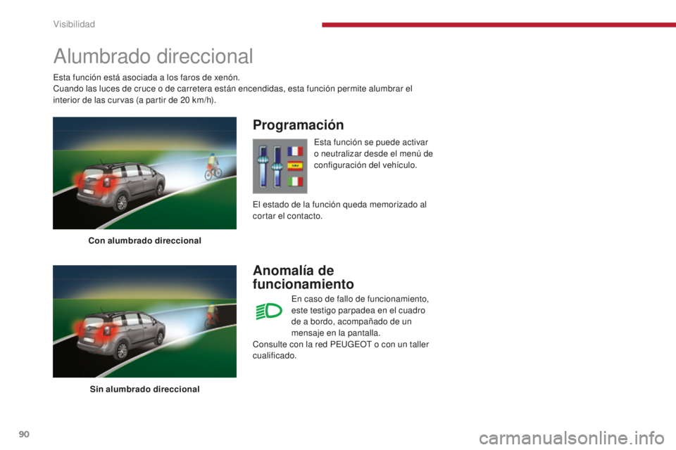PEUGEOT 5008 2016  Manual del propietario (in Spanish) 90
5008_es_Chap04_visibilite_ed01-2015
Alumbrado direccional
Con alumbrado direccionalSin alumbrado direccional
Programación
Anomalía de 
funcionamiento
Esta función se puede activar 
o neutralizar