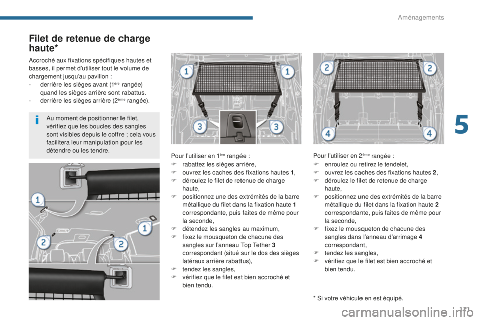 PEUGEOT 5008 2016  Manuel du propriétaire (in French) 111
Filet de retenue de charge 
haute*
Pour l’utiliser en 1ère rangée :
F
 ra
battez les sièges arrière,
F
 
o

uvrez les caches des fixations hautes 1 ,
F
 
d

éroulez le filet de retenue de c
