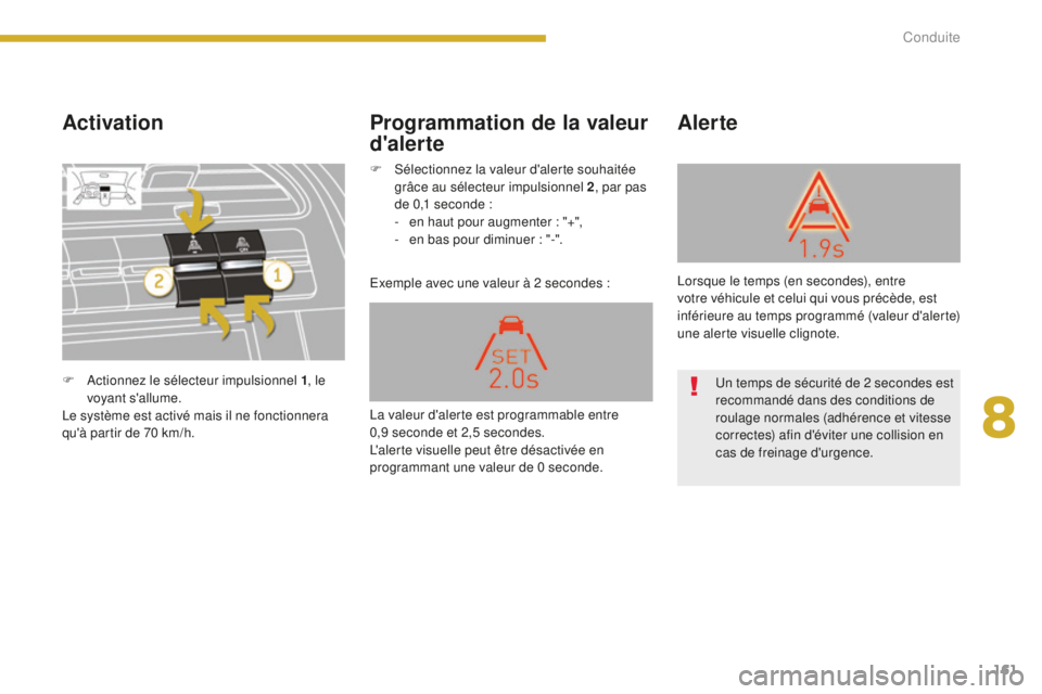 PEUGEOT 5008 2016  Manuel du propriétaire (in French) 161
Activation
Exemple avec une valeur à 2 secondes :
Alerte
Programmation de la valeur 
d'alerte
F Actionnez le sélecteur impulsionnel 1 , le 
voyant s'allume.
Le système est activé mais 