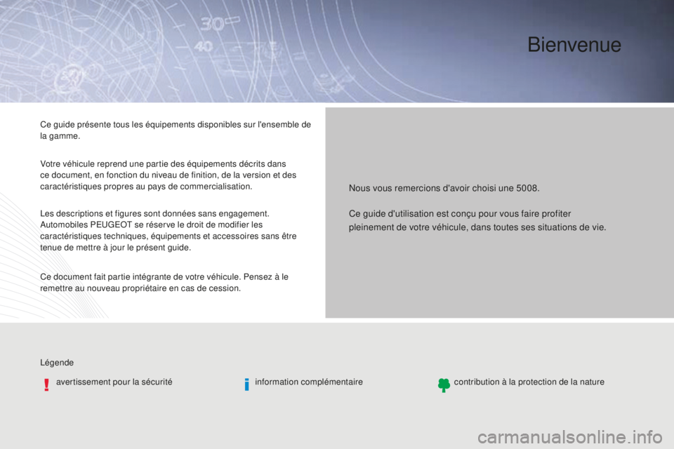 PEUGEOT 5008 2016  Manuel du propriétaire (in French) Bienvenue
Légendeavertissement pour la sécurité information complémentairecontribution à la protection de la nature
Nous vous remercions d'avoir choisi une 5008.
Ce guide présente tous les 