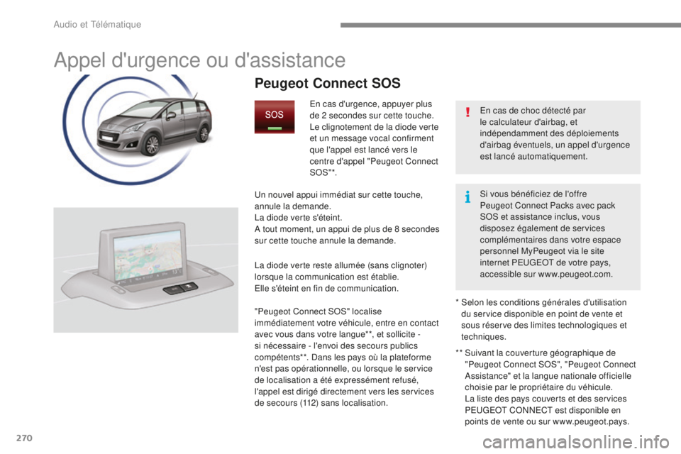 PEUGEOT 5008 2016  Manuel du propriétaire (in French) 270
Appel d'urgence ou d'assistance
En cas de choc détecté par 
le calculateur d'airbag, et 
indépendamment des déploiements 
d'airbag éventuels, un appel d'urgence 
est lanc