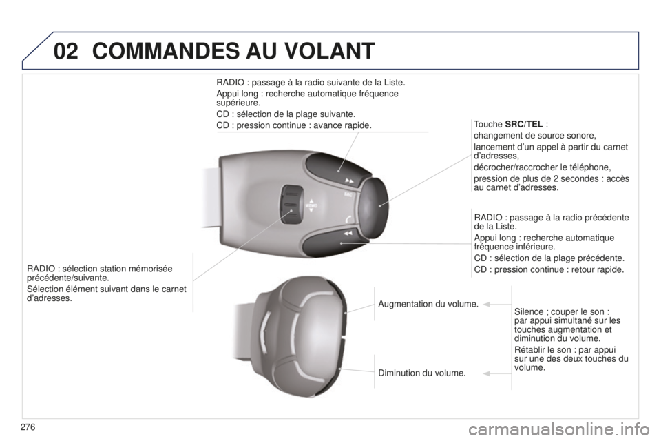PEUGEOT 5008 2016  Manuel du propriétaire (in French) 02
276RADIO : sélection station mémorisée 
précédente/suivante.
Sélection élément suivant dans le carnet 
d’adresses. Touche SRC/TEL :
changement de source sonore,
lancement d’un appel à 