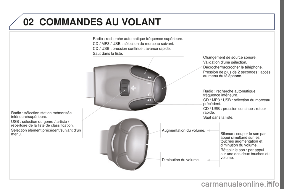 PEUGEOT 5008 2016  Manuel du propriétaire (in French) 02
331
COMMANDES AU VOLANT
Radio : recherche automatique fréquence supérieure.
CD / MP3 / USB : sélection du morceau suivant.
CD / USB : pression continue : avance rapide.
Saut dans la liste.Change