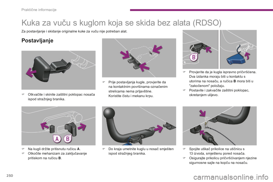 PEUGEOT 5008 2016  Upute Za Rukovanje (in Croatian) 250
5008_hr_Chap10_infos-pratiques_ed01-2015
Kuka za vuču s kuglom koja se skida bez alata (RDSO)
Postavljanje
F Otkvačite i skinite zaštitni poklopac nosača ispod stražnjeg branika. F
 
P
 rije 