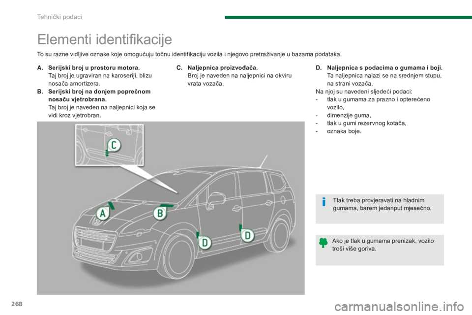 PEUGEOT 5008 2016  Upute Za Rukovanje (in Croatian) 268
5008_hr_Chap11_caracteristiques_ed01-2015
Elementi identifikacije
A. Serijski broj u prostoru motora.  Taj broj je ugraviran na karoseriji, blizu 
nosača amortizera.
B.
 S

erijski broj na donjem