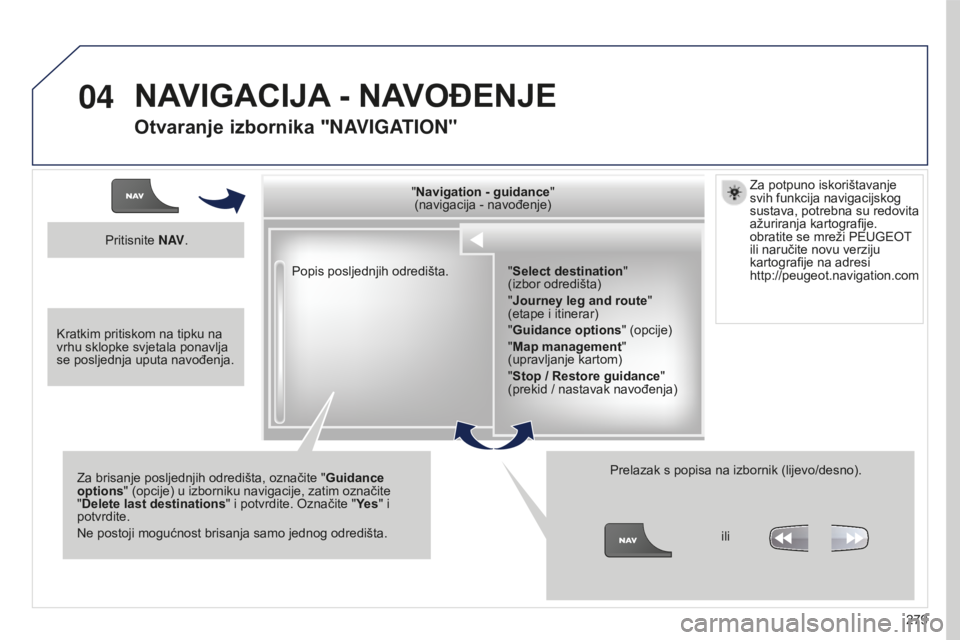 PEUGEOT 5008 2016 Upute Za Rukovanje (in Croatian) 04
279
5008_hr_Chap12b_RT6-2-8_ed01-2015
Popis posljednjih odredišta."Navigation - guidance
"
(navigacija - navođenje)
Za brisanje posljednjih odredišta, označite " Guidance
options PEUGEOT 5008 2016 Upute Za Rukovanje (in Croatian) 04
279
5008_hr_Chap12b_RT6-2-8_ed01-2015
Popis posljednjih odredišta."Navigation - guidance
"
(navigacija - navođenje)
Za brisanje posljednjih odredišta, označite " Guidance
options