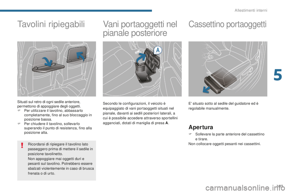 PEUGEOT 5008 2016 Manuale duso (in Italian) 103
5008_it_Chap05_amenagements_ed01-2015
Vani portaoggetti nel
pianale posteriore
Secondo le configurazioni, il veicolo è
equipaggiato di vani portaoggetti situati nel
pianale, davanti ai sedili PEUGEOT 5008 2016 Manuale duso (in Italian) 103
5008_it_Chap05_amenagements_ed01-2015
Vani portaoggetti nel
pianale posteriore
Secondo le configurazioni, il veicolo è
equipaggiato di vani portaoggetti situati nel
pianale, davanti ai sedili