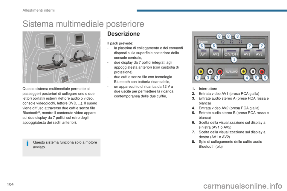 PEUGEOT 5008 2016 Manuale duso (in Italian) 104
5008_it_Chap05_amenagements_ed01-2015
Sistema multimediale posteriore
Questo sistema multimediale permette ai
passeggeri posteriori di collegare uno o due
lettori portatili esterni (lettore audi PEUGEOT 5008 2016 Manuale duso (in Italian) 104
5008_it_Chap05_amenagements_ed01-2015
Sistema multimediale posteriore
Questo sistema multimediale permette ai
passeggeri posteriori di collegare uno o due
lettori portatili esterni (lettore audi
