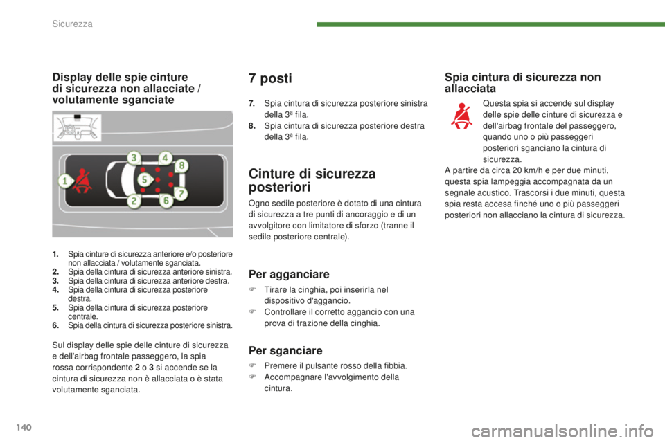 PEUGEOT 5008 2016 Manuale duso (in Italian) 140
5008_it_Chap07_securite_ed01-2015
1. Spia cinture di sicurezza anteriore e/o posteriore
non allacciata / volutamente sganciata.
2. Spia della cintura di sicurezza anteriore sinistra.
3. Spia dell PEUGEOT 5008 2016 Manuale duso (in Italian) 140
5008_it_Chap07_securite_ed01-2015
1. Spia cinture di sicurezza anteriore e/o posteriore
non allacciata / volutamente sganciata.
2. Spia della cintura di sicurezza anteriore sinistra.
3. Spia dell