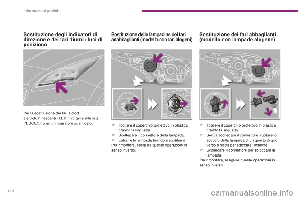 PEUGEOT 5008 2016  Manuale duso (in Italian) 232
5008_it_Chap10_infos-pratiques_ed01-2015
Sostituzione dei fari abbaglianti
(modello con lampade alogene)Sostituzione delle lampadine dei fari 
anabbaglianti (modello con fari alogeni)
F Togliere i