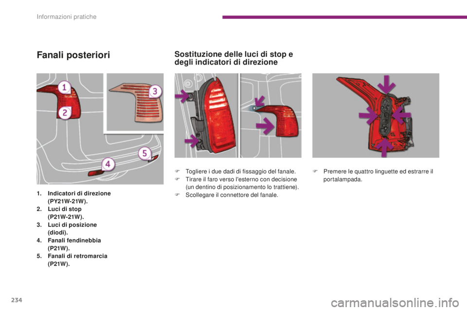 PEUGEOT 5008 2016  Manuale duso (in Italian) 234
5008_it_Chap10_infos-pratiques_ed01-2015
Fanali posteriori
1. Indicatori di direzione  (
PY21W-21W ).
2.
 L

uci di stop 
 (

P21W-21W ).
3.
 L

uci di posizione 
 

(diodi).
4.
 F

anali fendineb