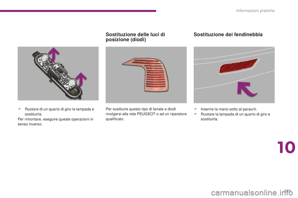 PEUGEOT 5008 2016  Manuale duso (in Italian) 235
5008_it_Chap10_infos-pratiques_ed01-2015
F Ruotare di un quarto di giro la lampada e sostituirla.
Per rimontare, eseguire queste operazioni in 
senso inverso. Per sostituire questo tipo di fanale 