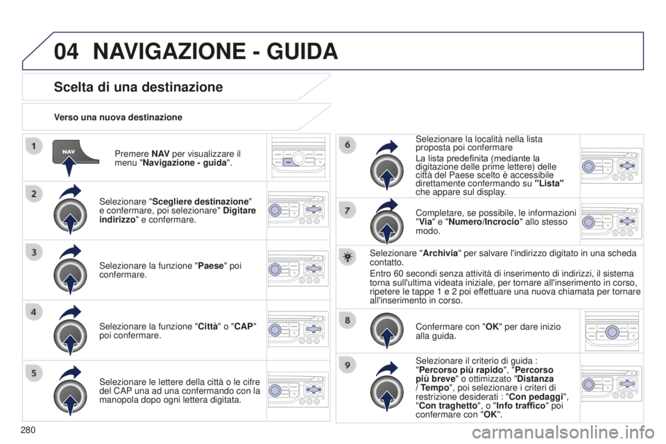 PEUGEOT 5008 2016 Manuale duso (in Italian) 04
280
5008_it_Chap12b_RT6-2-8_ed01-2015
Premere N AV per visualizzare il
menu "Navigazione - guida ".
Verso una nuova destinazione
Scelta di una destinazione
Selezionare "
Scegliere dest PEUGEOT 5008 2016 Manuale duso (in Italian) 04
280
5008_it_Chap12b_RT6-2-8_ed01-2015
Premere N AV per visualizzare il
menu "Navigazione - guida ".
Verso una nuova destinazione
Scelta di una destinazione
Selezionare "
Scegliere dest