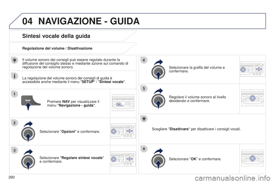 PEUGEOT 5008 2016  Manuale duso (in Italian) 04
290
5008_it_Chap12b_RT6-2-8_ed01-2015
Premere N AV per visualizzare il 
menu "Navigazione - guida ".
Sintesi vocale della guida
Selezionare "Opzioni" e confermare.
Regolazione del v