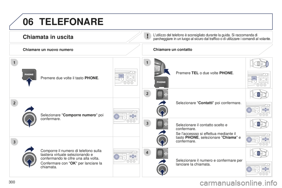 PEUGEOT 5008 2016  Manuale duso (in Italian) 06
300
5008_it_Chap12b_RT6-2-8_ed01-2015
TELEFONARE
Premere due volte il tasto PHONE.
Selezionare " Comporre numero" poi 
confermare. Selezionare "
Contatti" poi confermare.
Comporre i