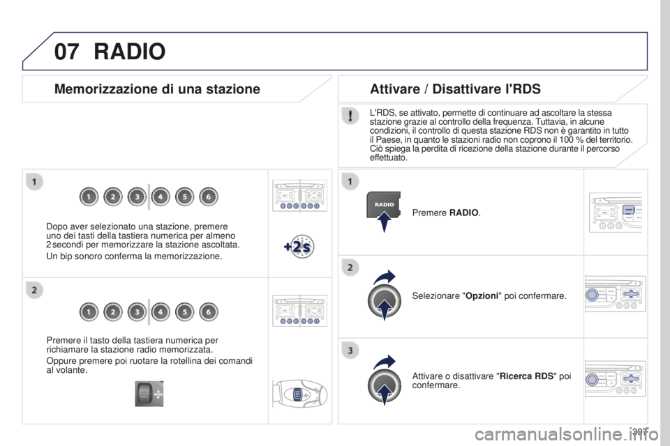 PEUGEOT 5008 2016  Manuale duso (in Italian) 07
307
5008_it_Chap12b_RT6-2-8_ed01-2015
Premere il tasto della tastiera numerica per 
richiamare la stazione radio memorizzata.
Oppure premere poi ruotare la rotellina dei comandi 
al volante.
Memori