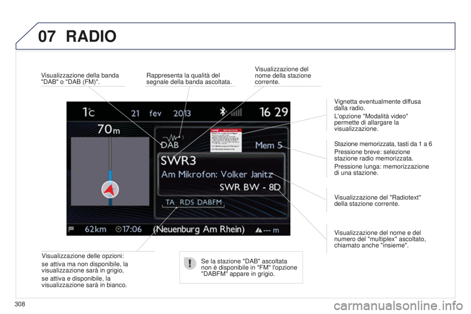 PEUGEOT 5008 2016  Manuale duso (in Italian) 07
308
5008_it_Chap12b_RT6-2-8_ed01-2015
RADIO
Visualizzazione delle opzioni:
se attiva ma non disponibile, la 
visualizzazione sarà in grigio,
se attiva e disponibile, la 
visualizzazione sarà in b