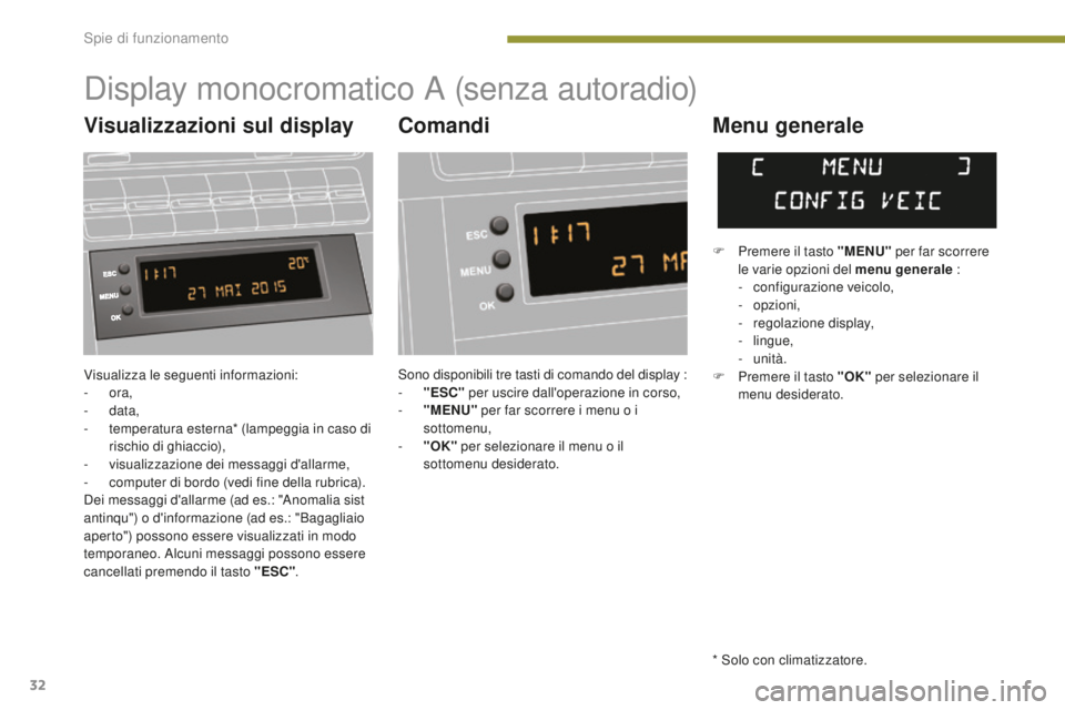 PEUGEOT 5008 2016 Manuale duso (in Italian) 32
5008_it_Chap01_controle-marche_ed01-2015
Visualizza le seguenti informazioni:
- ora,
-
data,
-
t
emperatura esterna* (lampeggia in caso di
rischio di ghiaccio),
-
v
isualizzazione dei mess PEUGEOT 5008 2016 Manuale duso (in Italian) 32
5008_it_Chap01_controle-marche_ed01-2015
Visualizza le seguenti informazioni:
- ora,
-
data,
-
t
emperatura esterna* (lampeggia in caso di
rischio di ghiaccio),
-
v
isualizzazione dei mess