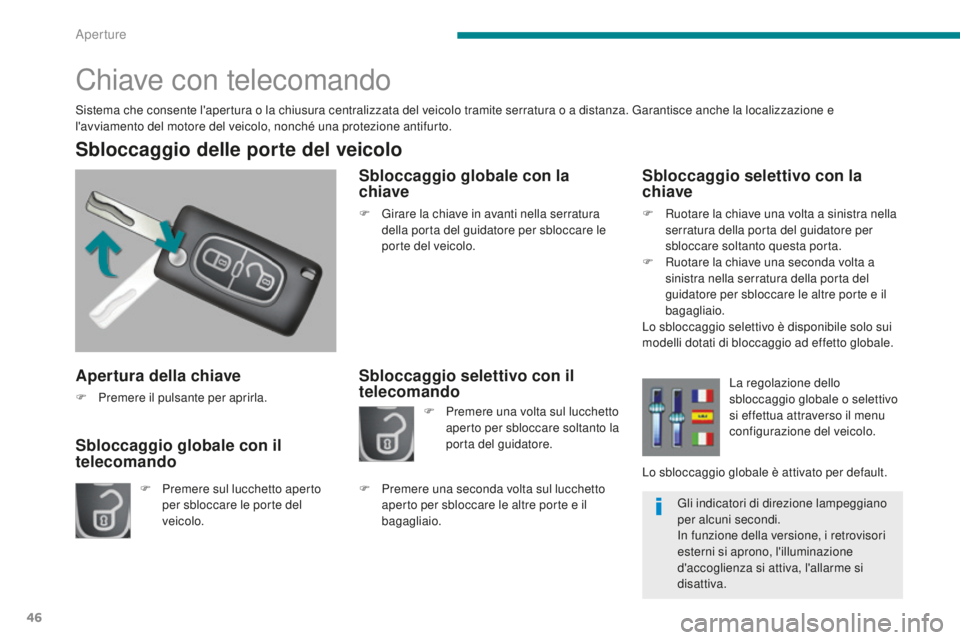 PEUGEOT 5008 2016  Manuale duso (in Italian) 46
5008_it_Chap02_ouvertures_ed01-2015
Apertura della chiave
F Premere il pulsante per aprirla.
Sbloccaggio delle porte del veicolo
F Premere sul lucchetto aperto per sbloccare le porte del 
veicolo.
