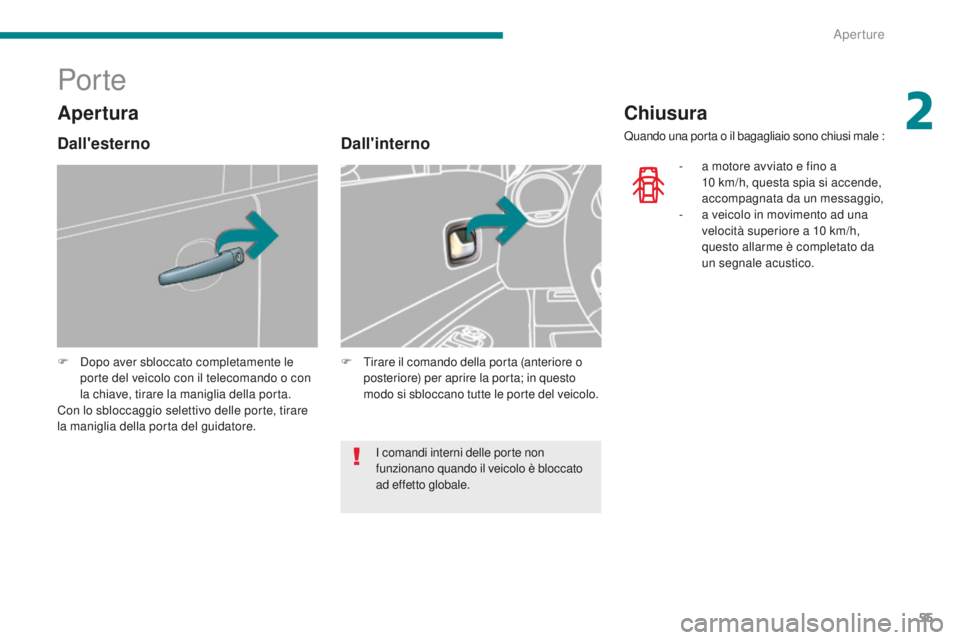 PEUGEOT 5008 2016  Manuale duso (in Italian) 55
5008_it_Chap02_ouvertures_ed01-2015
Por te
F Dopo aver sbloccato completamente le porte del veicolo con il telecomando o con 
la chiave, tirare la maniglia della porta.
Con lo sbloccaggio selettivo