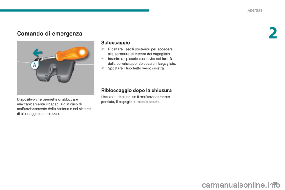 PEUGEOT 5008 2016  Manuale duso (in Italian) 59
5008_it_Chap02_ouvertures_ed01-2015
Comando di emergenza
Sbloccaggio
F Ribaltare i sedili posteriori per accedere alla serratura all'interno del bagagliaio.
F
 
I
 nserire un piccolo cacciavite