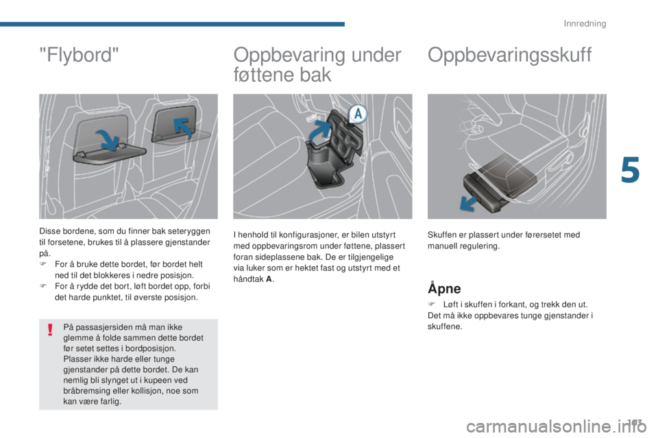 PEUGEOT 5008 2016  Instruksjoner for bruk (in Norwegian) 103
5008_no_Chap05_amenagements_ed01-2015
Oppbevaring under 
føttene bak
I henhold til konfigurasjoner, er bilen utstyrt 
med oppbevaringsrom under føttene, plassert 
foran sideplassene bak. De er t